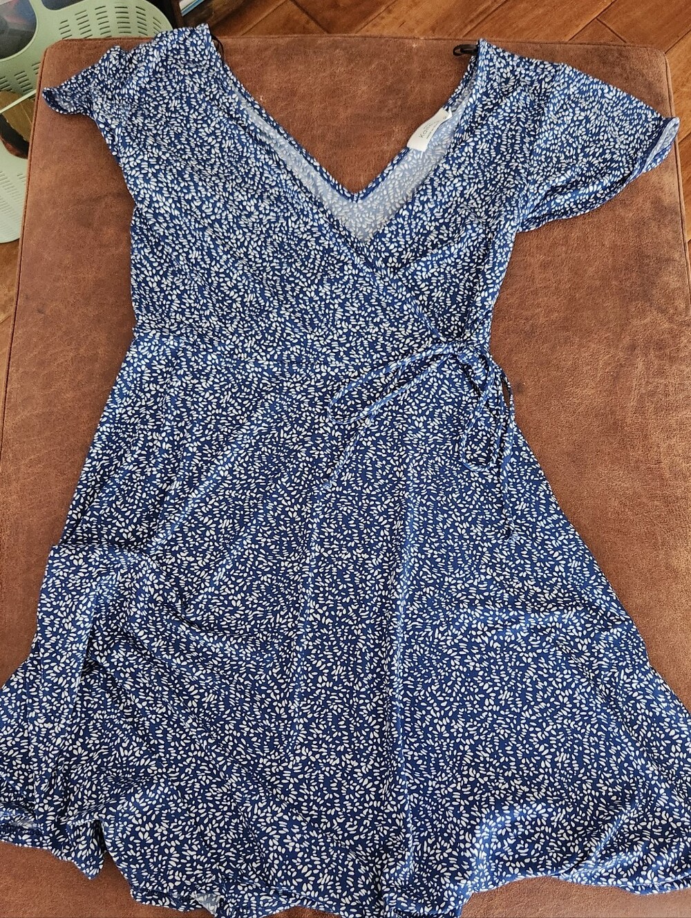 Kaileigh Blue V-Neck Faux Wrap Dress with White Dot Print